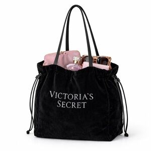 Victoria’s Secret Velvet Black Drawstring Tote Bag Silver Logo Travel Purse